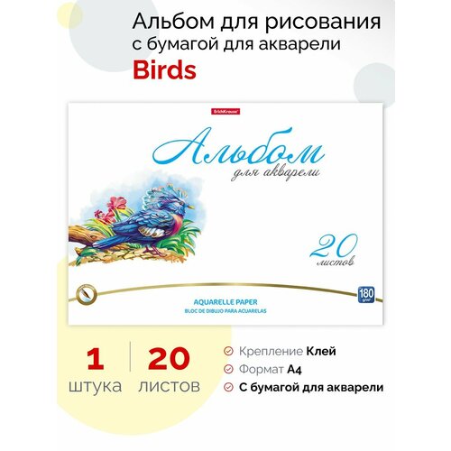 Альбом для рисования с бумагой для акварели на клею Birds, А4, 20 листов