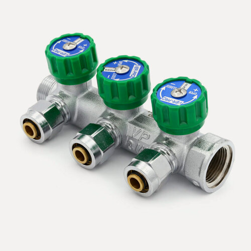 Изображение товара Коллектор 3/4"х16 ЕК 3 выхода с регулировочными вентилями хром VER403