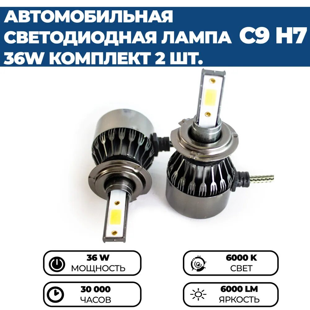 Светодиодные лампы Led HEADLIGHT C9 Super H7 6000k, 6000 lm, 36w, 8-48V, комплект 2 шт. — фото 1