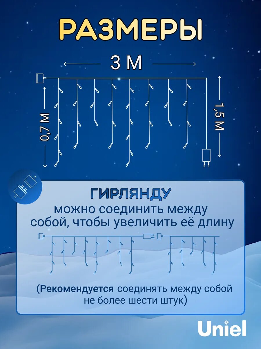 Гирлянда "Бахрома" ULD-B3010-200/SWK WHITE IP67 со стат. свечением 3м соединяемая 200LED бел. свет провод бел. UL-00001367 Uniel - фото №18