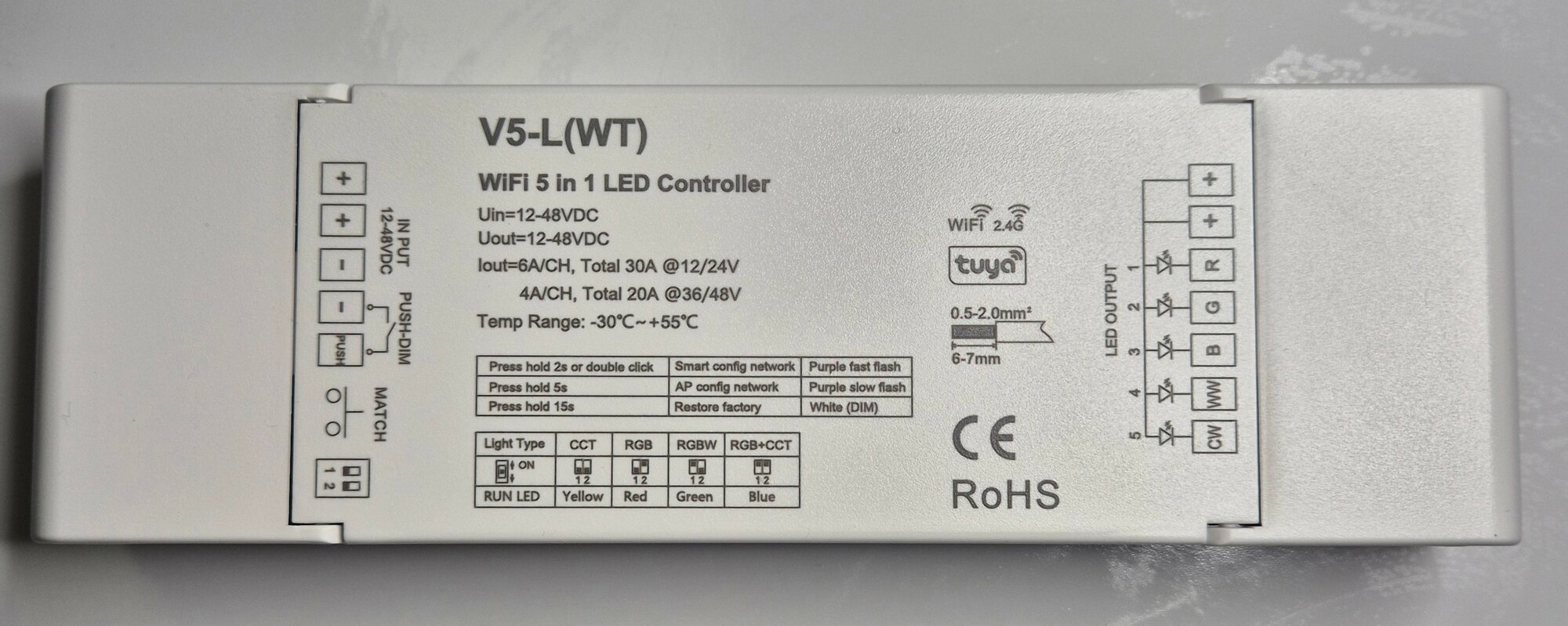 Контроллер управления WIFI/RF 5в1 DIMMER/RGB/RGBW/CCT/RGB+CCT 30А 12-24V 360-720W, 20A 36-48V 720-1440W TUYA, Smart Life