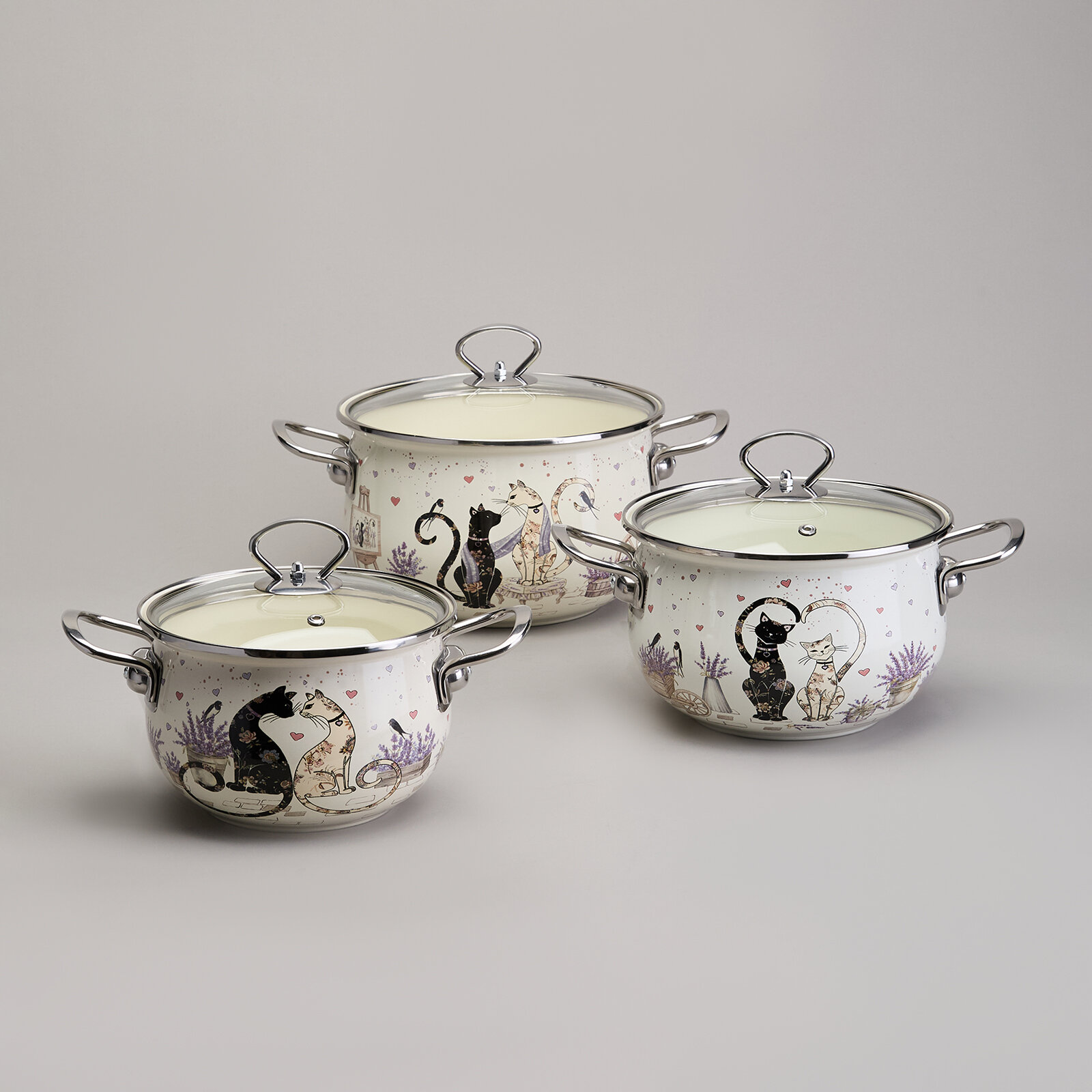 Набор кастрюль 943-107 серия lavander cats 6 пр. 2 л/2,8 л/3,8 л