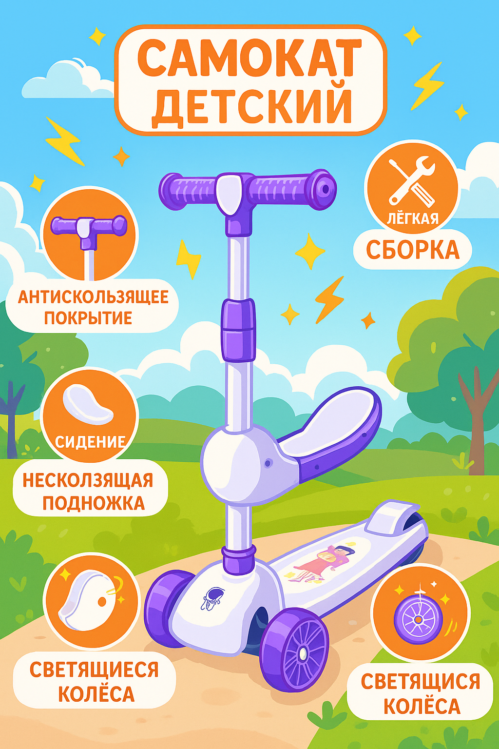 Самокат для детей, с горящими колесами, для мальчиков и девочек — фото 1