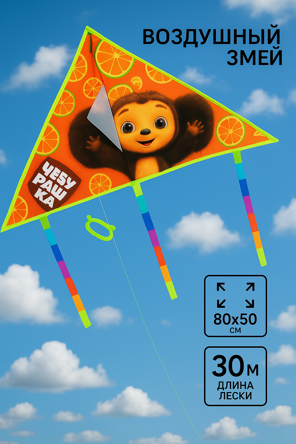 Воздушный змей Союзмультфильм «Чебурашка» размер 80х50 см леска 30 м