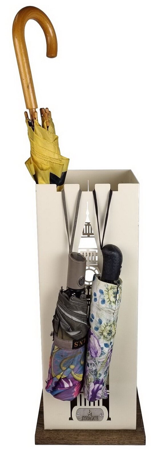 Подставка для зонтов "БигБен" напольная стальная с подставкой из натурального дуба , с подвесом для зонтов-автомат, в стиле LOFT. 24х24х56см. Бежевая. - фотография № 2