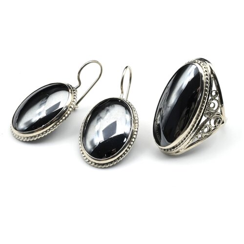 Комплект бижутерии Радуга Камня: кольцо, серьги, гематит, размер кольца 18, белый, черный