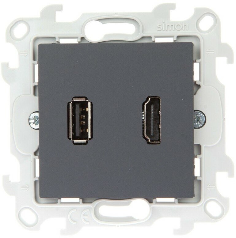 24 Harmonie 2411095-038 Розетка информационная (USB+HDMI, под рамку, скрытая установка, графит) Simon - фото №1