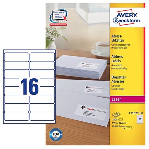 Адресные этикетки Avery Zweckform быстрого отклеивания 99.1x33.9 мм (16 шт. на листе A4, 100 листов) {L7162-100}