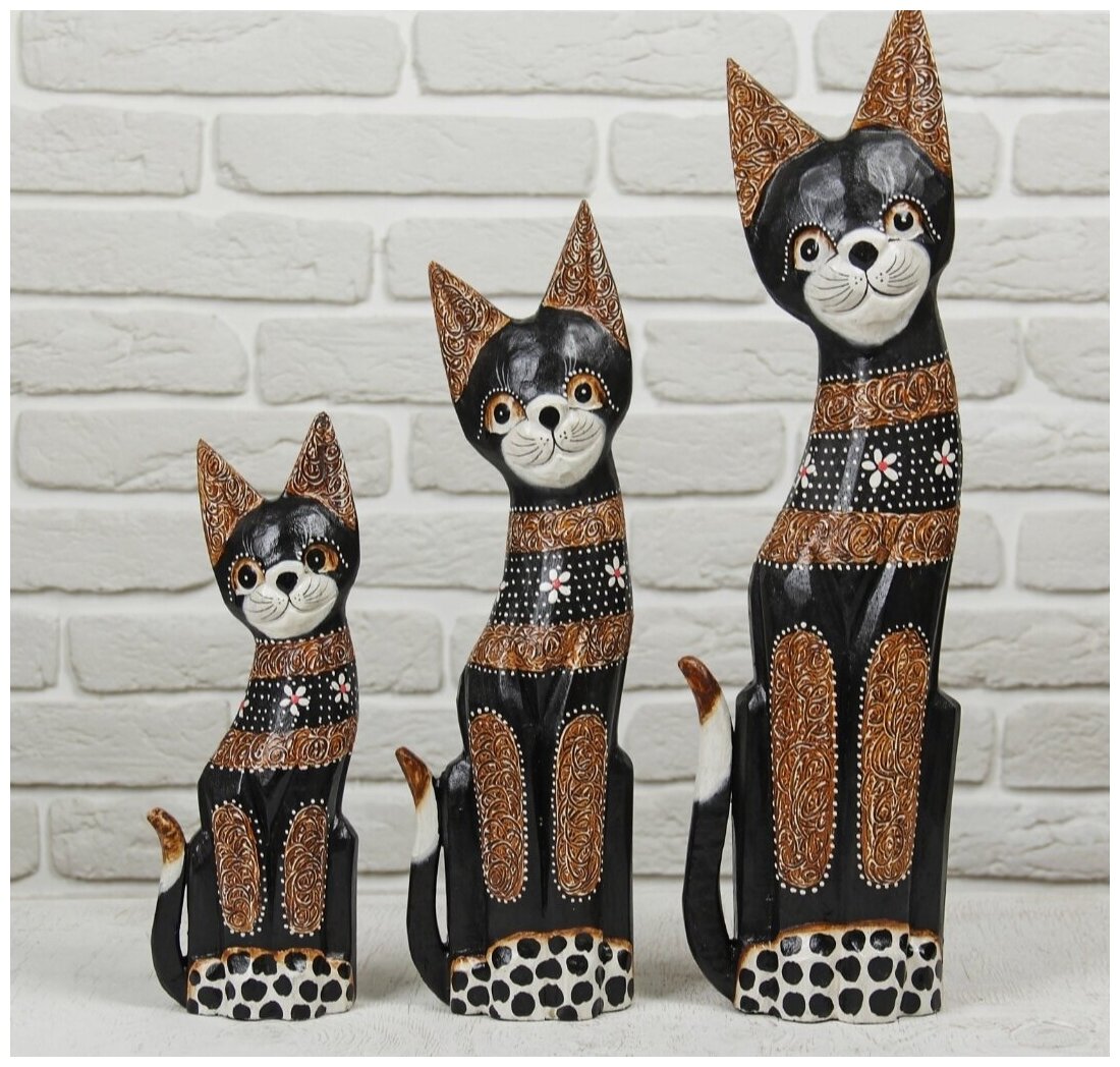 фото Статуэтки Кошки деревянные Набор 3 статуэтки / Индонезийские кошки 20, 25 и 30 см VITTOVAR