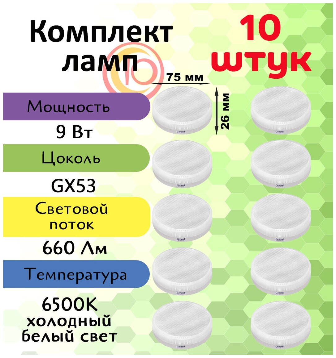 Лампочка светодиодная, General, Комплект из 10 шт., 9 Вт, Цоколь GX53, 6500К, Форма лампы Шайба, GX53