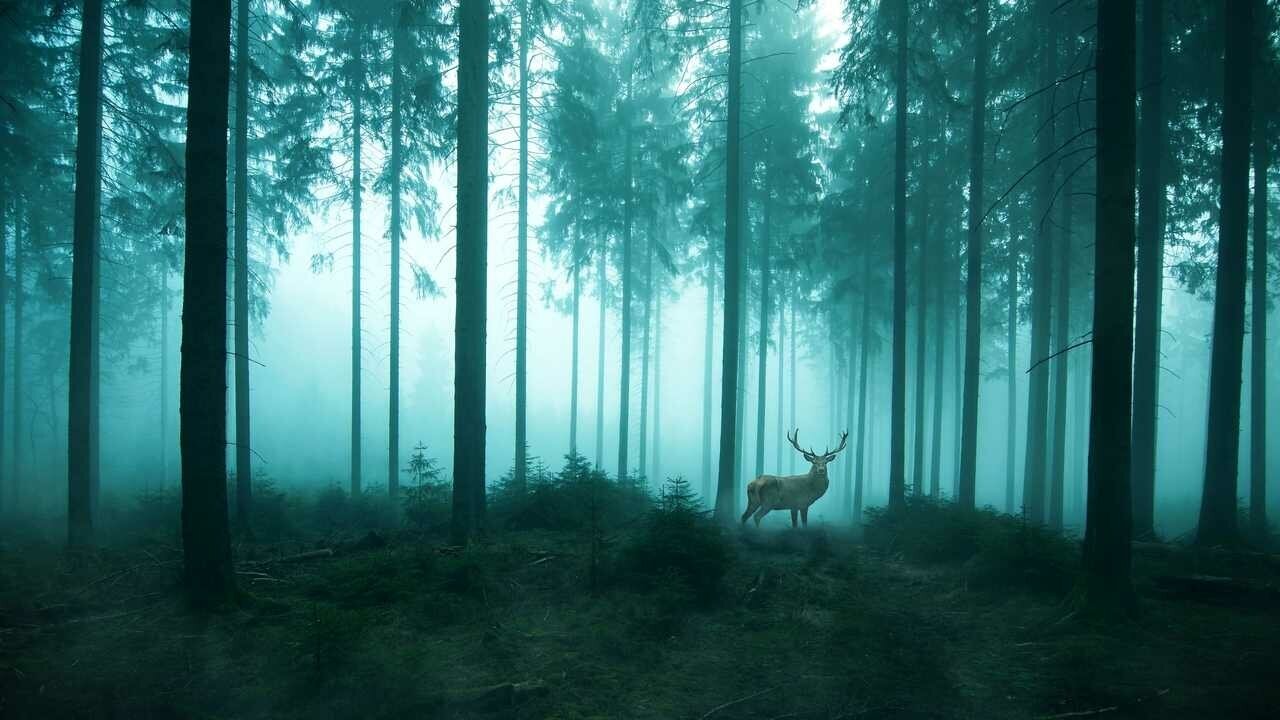 Картина на холсте 60x110 LinxOne "Олень лес утро ретушь туман" интерьерная для дома / на стену / на кухню / с подрамником