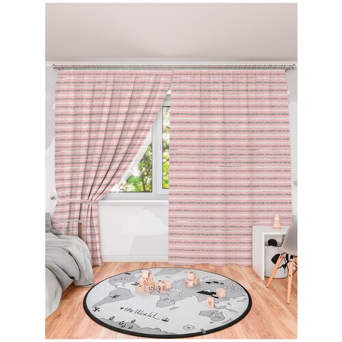 фото Комплект штор lejoy home для детской"горизонтальные розовые, белые и серые полоски" 290х290см из габардина.