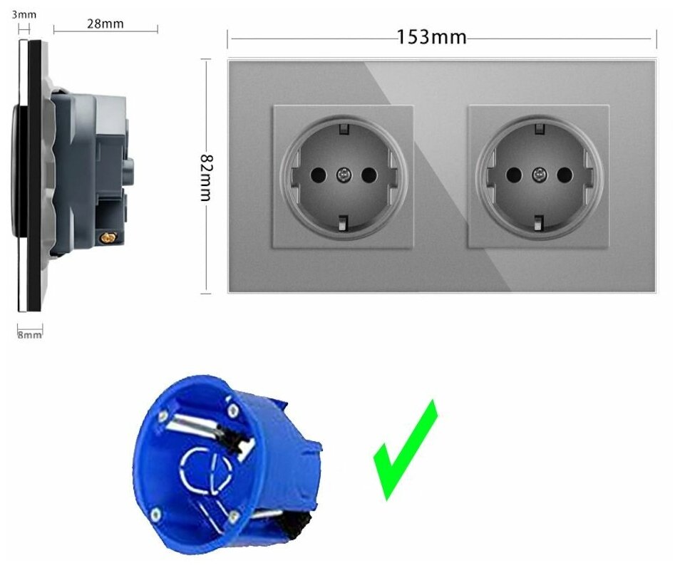 Розетка двойная 2 поста 16А 250В, со шторками, рамка закаленное стекло, Серый - фотография № 14