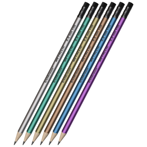 Чернографитный трехгранный карандаш с ластиком ErichKrause Metallic HB (в коробке 12 шт.)