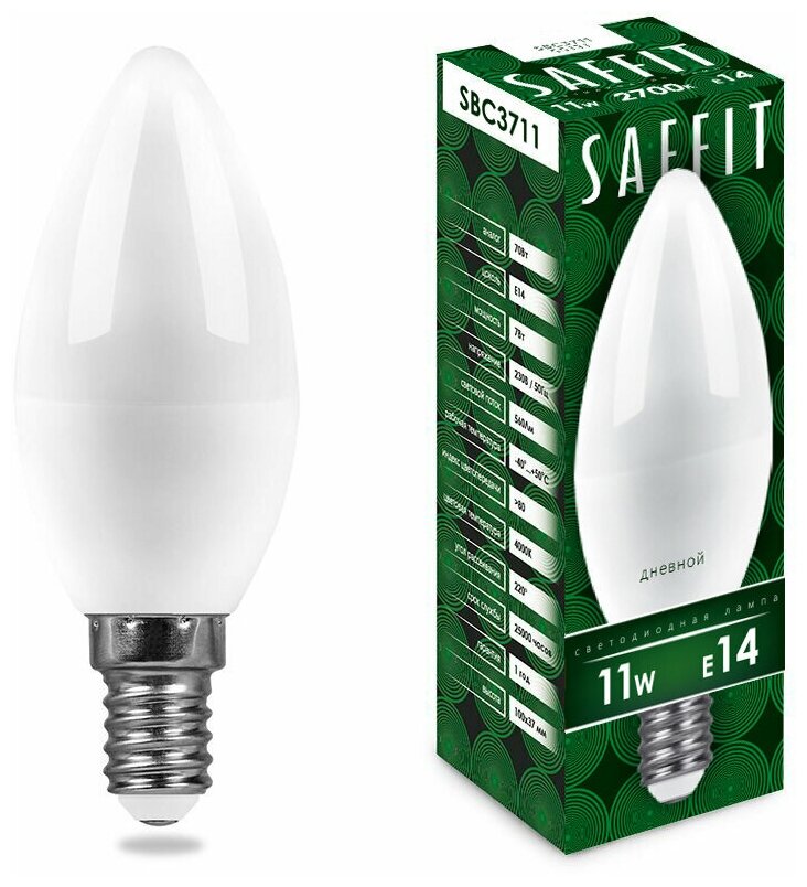 Лампочка светодиодная Saffit 11W=110W 230V E14 Свеча C37 905Лм Ra>80 2700К, упаковка 10шт.