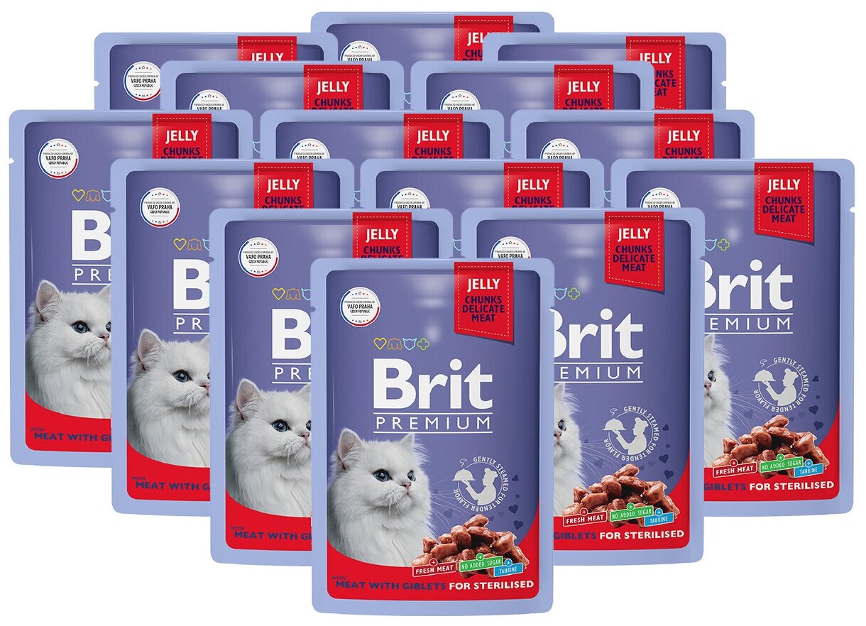 Влажный корм для стерилизованных кошек Brit Premium, мясное ассорти с потрошками 14 шт. х 85 г (кусочки в желе) - фотография № 2