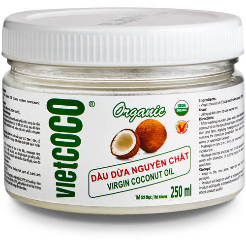 Купить Масло кокосовое нерафинированное холодного отжима 250мл. Для тела, для волос, массажное. 100% Натуральное. VietCOCO (Вьетнам). Organic Virgin Coconut Oil., масло