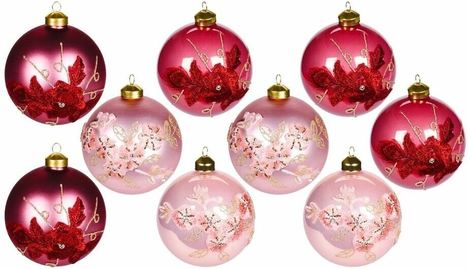 Набор стеклянных ёлочных шаров ROMANCE DE FLEUR, розовые и бургунди, 10 см (упаковка 9 шт.), Koopman International ABT620130