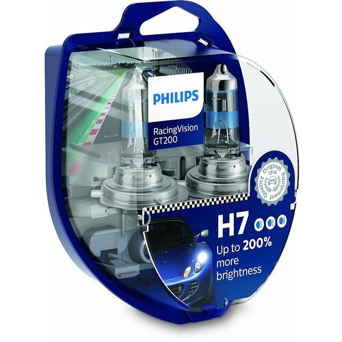 Лампа галогенная PHILIPS H7 Racing Vision GT200 +200% 12V 55W (PX26d), 2 шт.