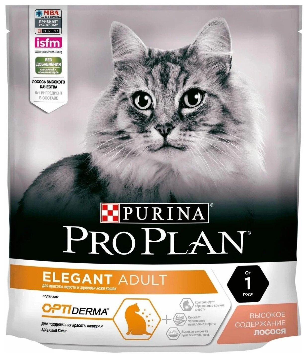 Корм PRO PLAN Elegant OPTI DERMA (комплекс для поддержания здоровья кожи и красоты шерсти), для взрослых кошек, с лососем, 400 г