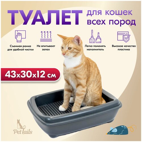 Туалет лоток для кошек с бортом, с рамкой-сеткой PetTails, глубокий (под наполнитель) 43*30*12см, серый туалет для кошек с бортом с рамкой pettails глубокий под наполнитель 42х30х15см серый