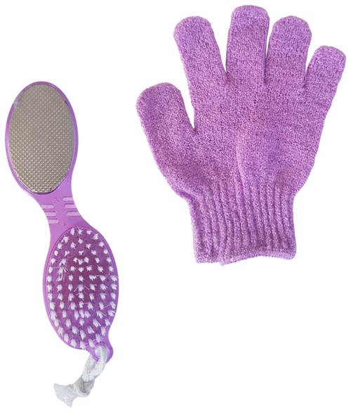 Терка для ног многофункциональная фиолетовая и перчатка для пилинга массажная, набор KF.