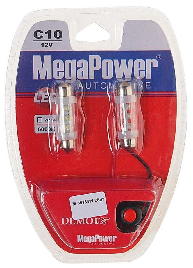 MEGAPOWER Автолампа C10W SV8,5 6 LED WHITE 39мм блистер с тестером 2 шт M-85154W-2блт