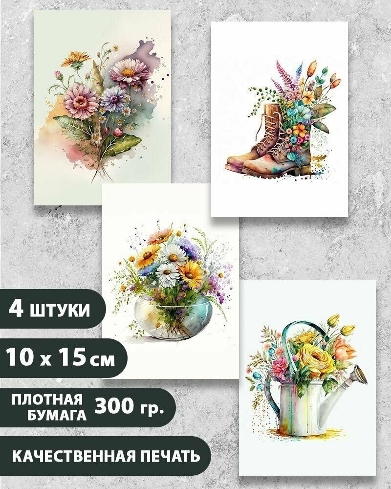 Набор открыток Летний букет 2, 10.5 см х 15 см, 4 шт, на подарок и в коллекцию