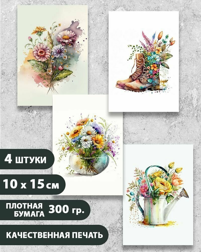 Набор открыток Летний букет 2, 10.5 см х 15 см, 4 шт, InspirationTime, на подарок и в коллекцию