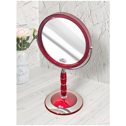 Зеркало со стразами - RED, настольное, на ножке, диаметр 18 см, одна сторона - увеличение 5 раз