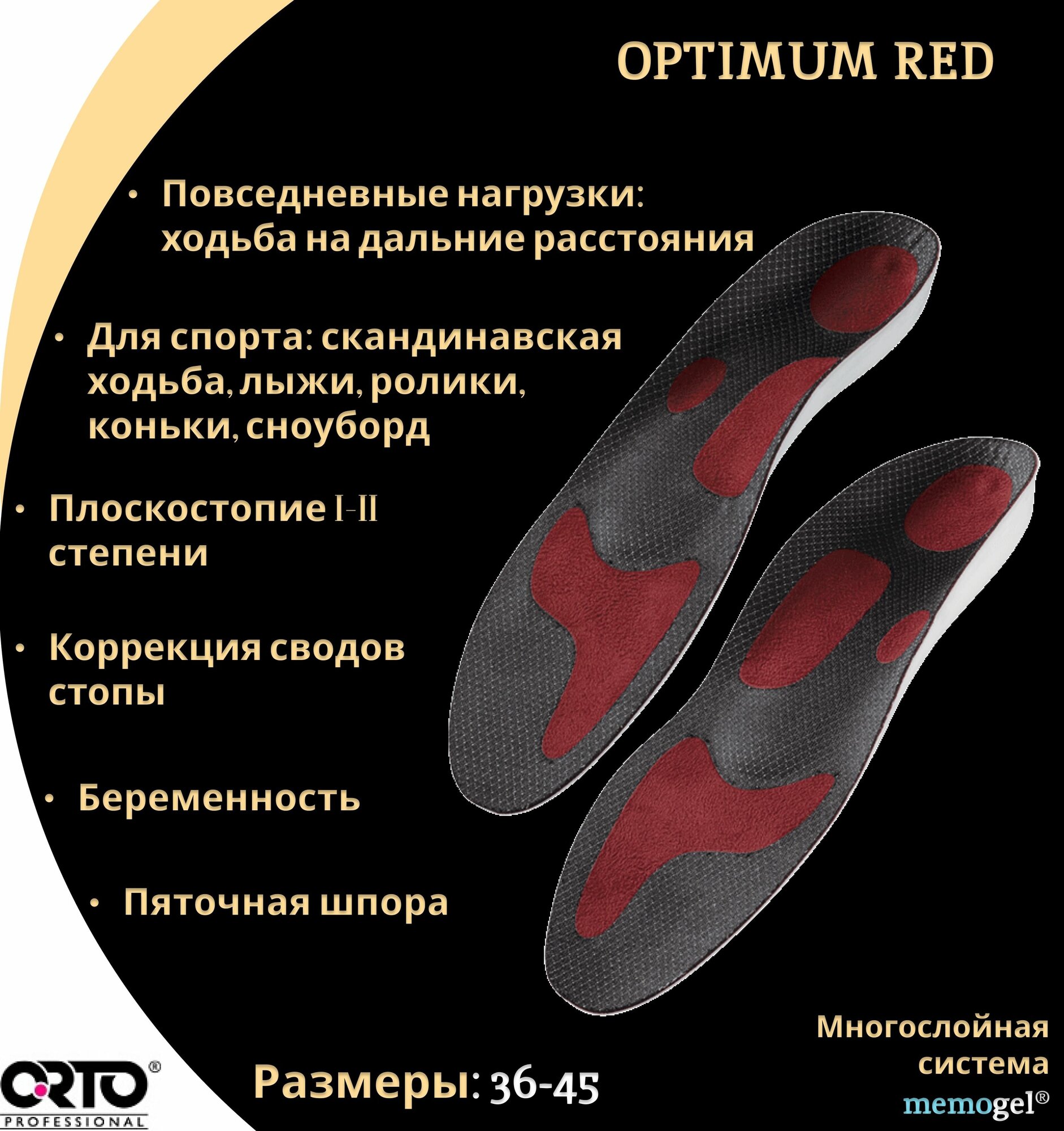Cтельки ортопедические мужские женские каркасные с эффектом памяти Orto Professional Optimum Red, при пяточной шпоре, размер 45