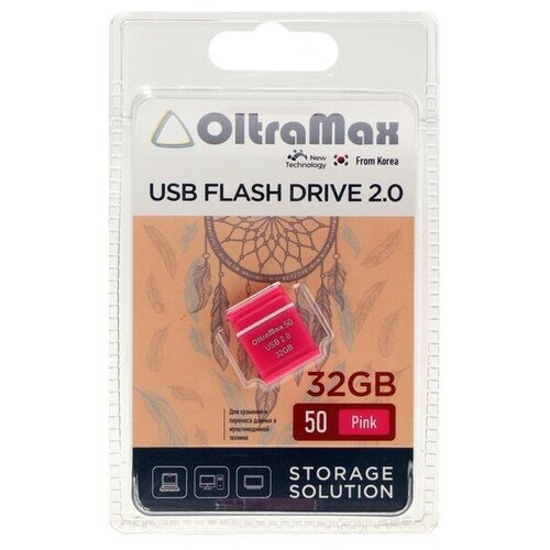 Флешка OltraMax 50, 32 Гб, USB2.0, чт до 15 Мб/с, зап до 8 Мб/с, розовая