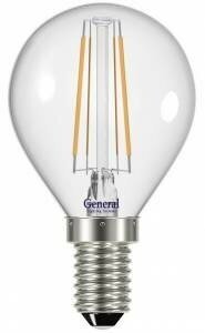 Светодиодная LED лампа General Шар P45 E27 7W(670lm) 6500K 6K 45x76 филамент (нитевидная), прозр. GLDEN-G45S-7-230-E27-6500 649905