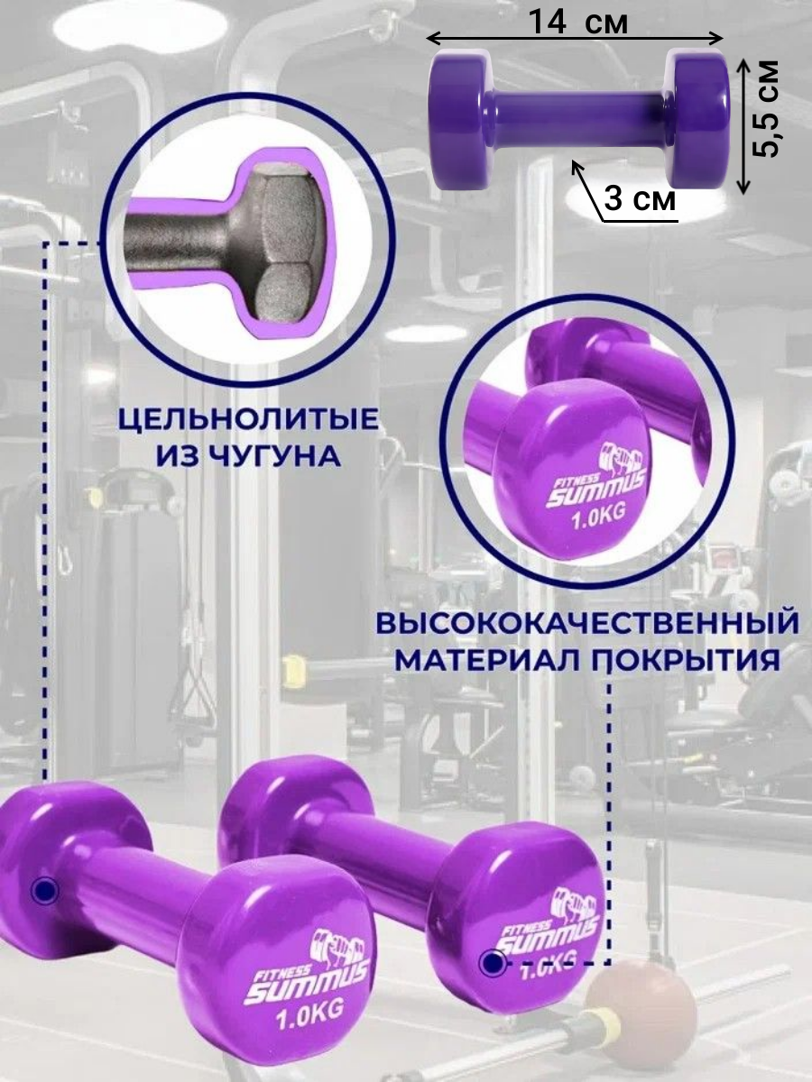 Гантели виниловые 2 шт. по 1 кг, фиолетовые 600-018-purple
