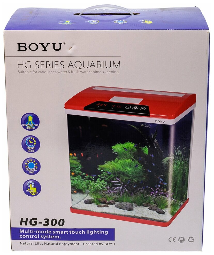 Аквариум Boyu HG-300 панорамный 22 л, LED освещение, дисплей, фильтры, красный - фотография № 7