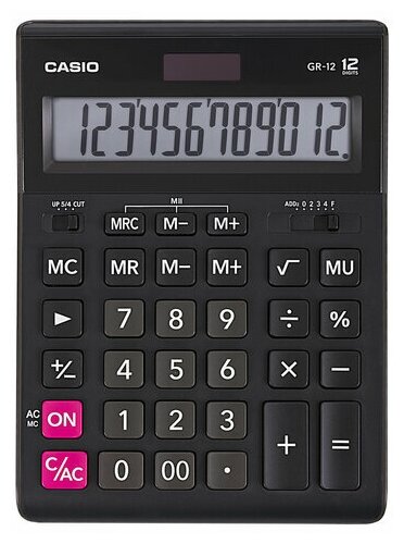 Калькулятор настольный CASIO GR-12-W (209х155 мм), 12 разрядов, двойное питание, черный, европодвес, GR-12-W-EP