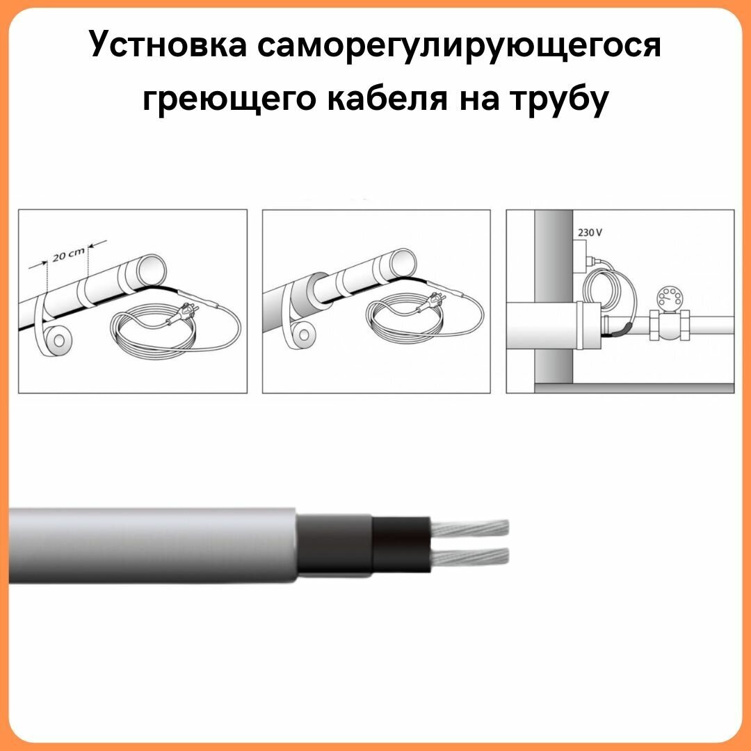 Греющий кабель на трубу саморегулирующийся 15м 240Вт / для водопровода / для водостока / обогрев труб - фотография № 4