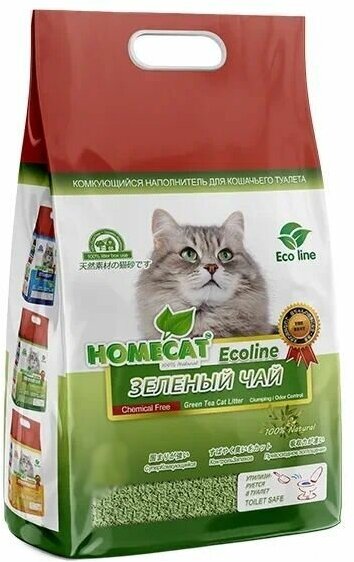 HOMECAT Ecoline Зеленый чай 6 л комкующийся наполнитель для кошачьих туалетов с ароматом зеленого чая 6 шт