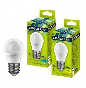 Светодиодная LED лампа Ergolux шар G45 E27 7W(560lm 220°) 3000K 3K матов. 82x45 пластик/алюм. LED-G45-7W-E27-3K