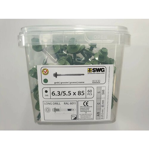 Саморез для сэндвич панелей RAL 6011 6.3l5.5x85 (60 pcs) длинный бур SWG, Германия