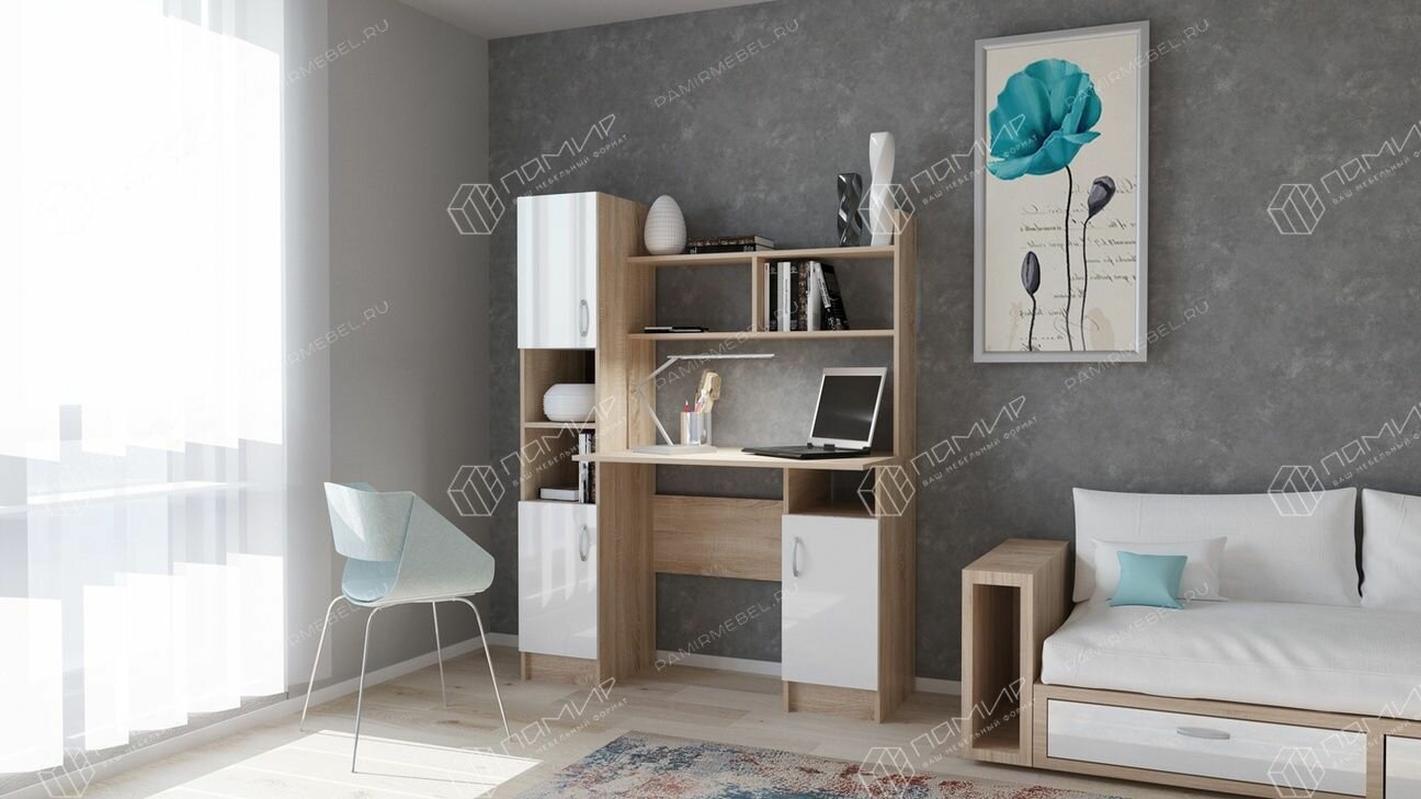 фото Компьютерный стол ПКС-6 Сонома/Белый глянец, ЛДСП, с открытыми и закрытыми полками, для гостиной, спальни, 1230х1600х570, Памир