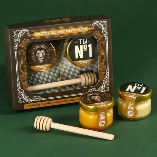 Фабрика счастья Набор «Лучшему на свете мужчине»: крем-мёд с абрикосом и имбирём 60 г (2 шт. х 30 г), ложка для мёда