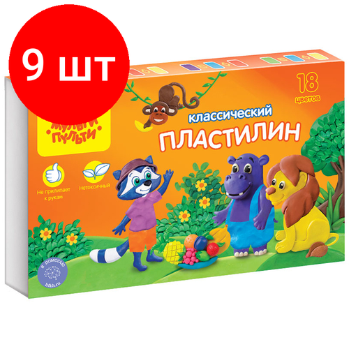 Комплект 9 шт, Пластилин Мульти-Пульти Приключения Енота, 18 цветов, 360г, со стеком, картон комплект 9 шт песок для лепки мульти пульти приключения енота 4 ярких цвета 560г формочка