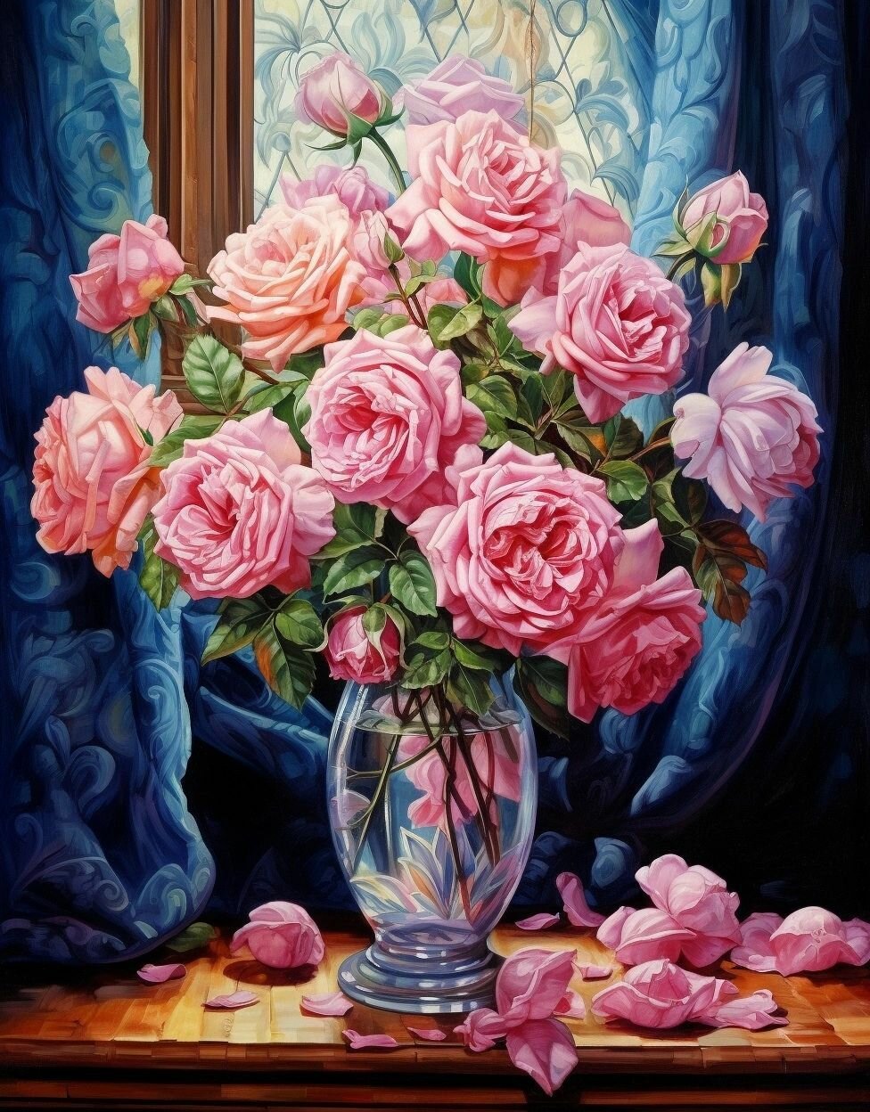 фото Алмазная мозаика "Розовые розы" холст на подрамнике круглые стразы 40х50 см, WB11188