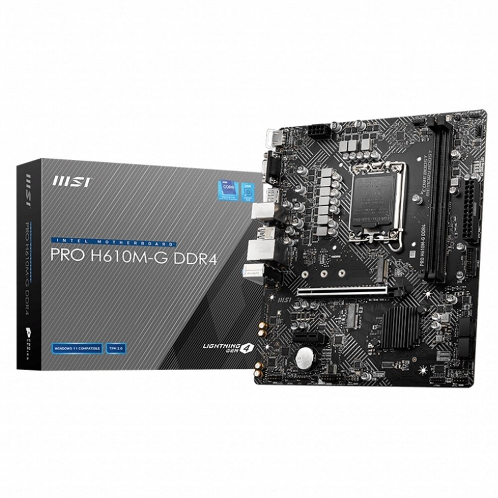 Материнская плата MSI PRO H610M-G DDR4, mATX, H610, LGA1700,2xDDR4,1xPCI-Ex16,1xPCI-Ex1, 2xM.2(KEY M+KEY E), 4xSATA3, 4xUSB 3.2, 6xUSB 2.0