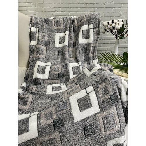 Плед 2-спальный квадрат 180х200см, плед Серый с квадратами, бамбук