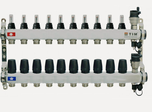 Изображение товара Коллекторная группа 1" ВР-ВР 10 отводов 3/4" нержавеющая сталь с расходомером, воздухоотводчиком, сливным краном