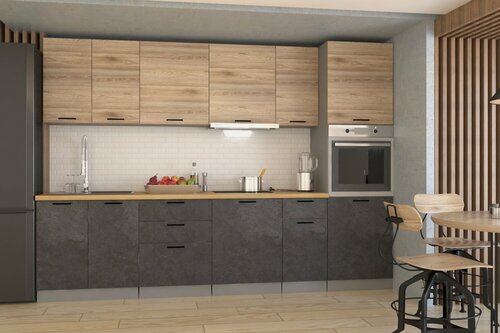 Изображение товара Кухонный гарнитур Лофт, рустик/бетон, фасады МДФ, столешница дуб Бунратти, 3000 мм