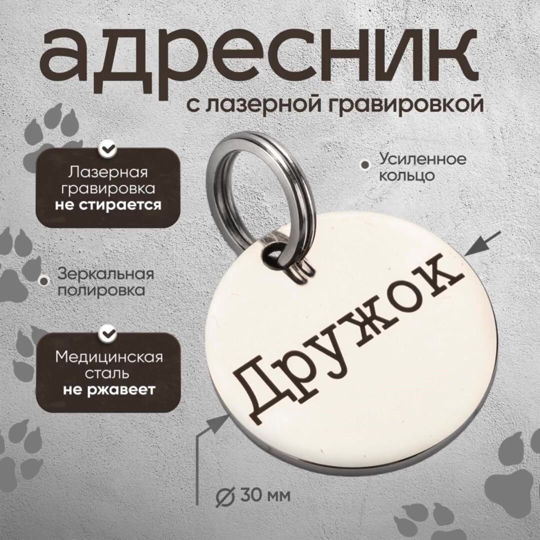 Адресник для собак и кошек с персонализированной гравировкой, круглый, 30мм, нержавеющая сталь — фото 1