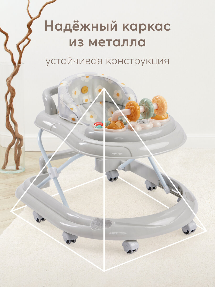 Ходунки детские Happy Baby SMILEY V2, с игровой панелью, 12 мелодий, регулировка сиденья, силиконовые колесики, серые — фото 1